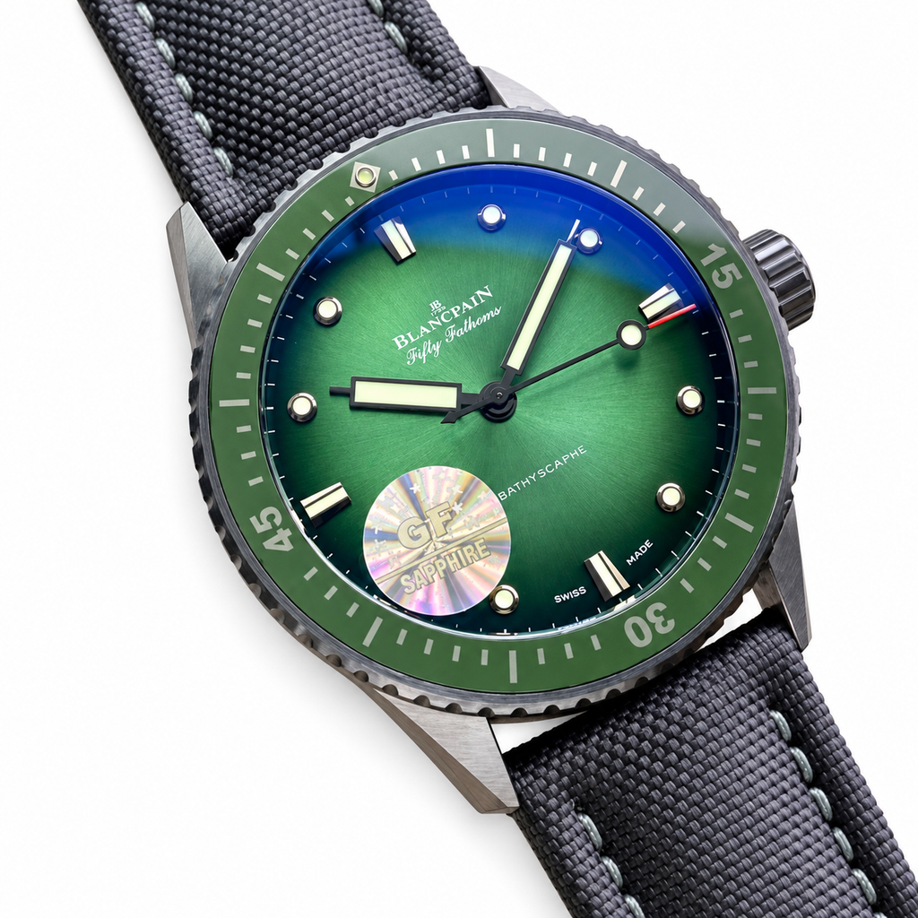 Blancpain Fifty Fathoms Bathyscaphe Green Sunburst Dial Black Canvas Watch