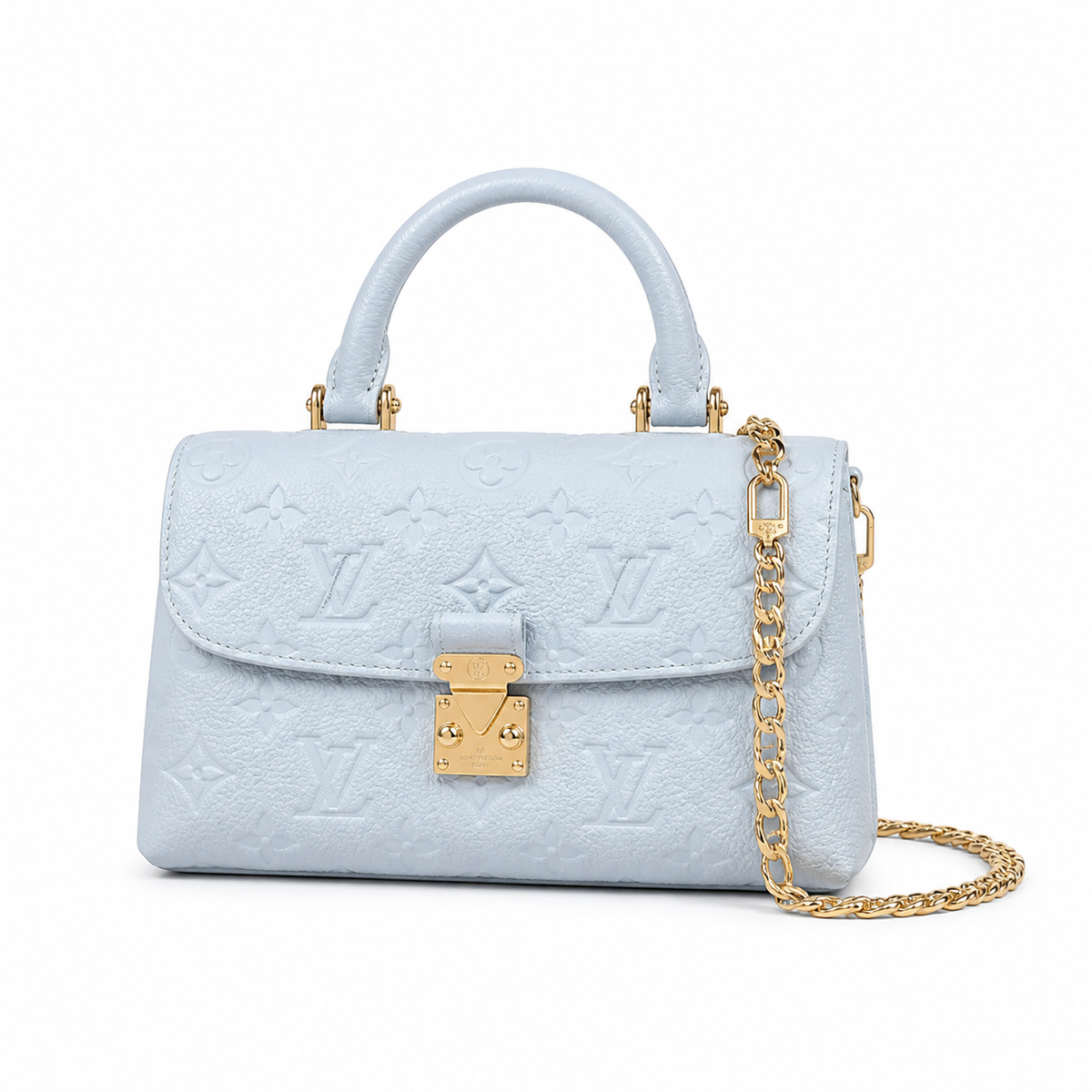 Louis Vuitton Mini 2-Way — Bleu Glacier Empreinte, Gold Chain, Round Top Handle & LV Medallion