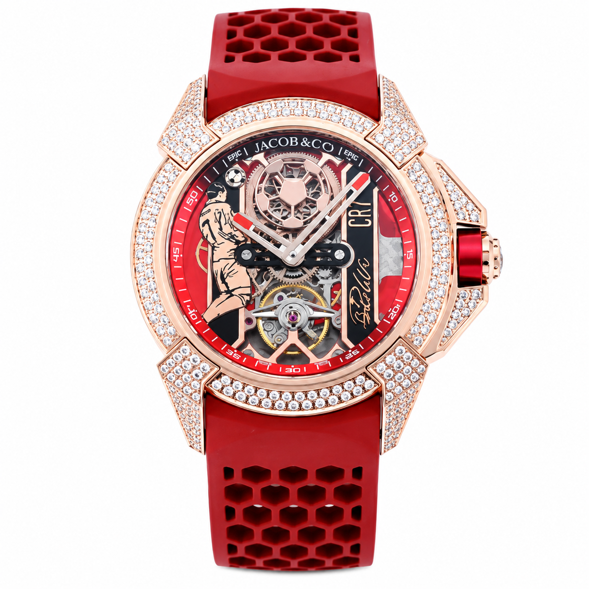 Jacob & Co. Epic X CR7 Rose Gold Diamond Tourbillon Skeleton Red Rubber Watch