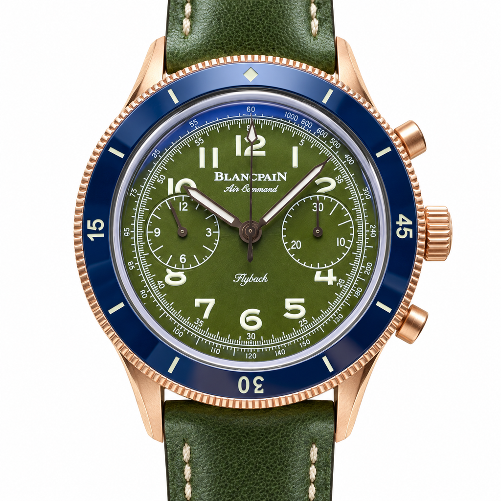Blancpain Air Command Flyback chronograph rose gold military green dial blue ceramic bezel olive leather strap