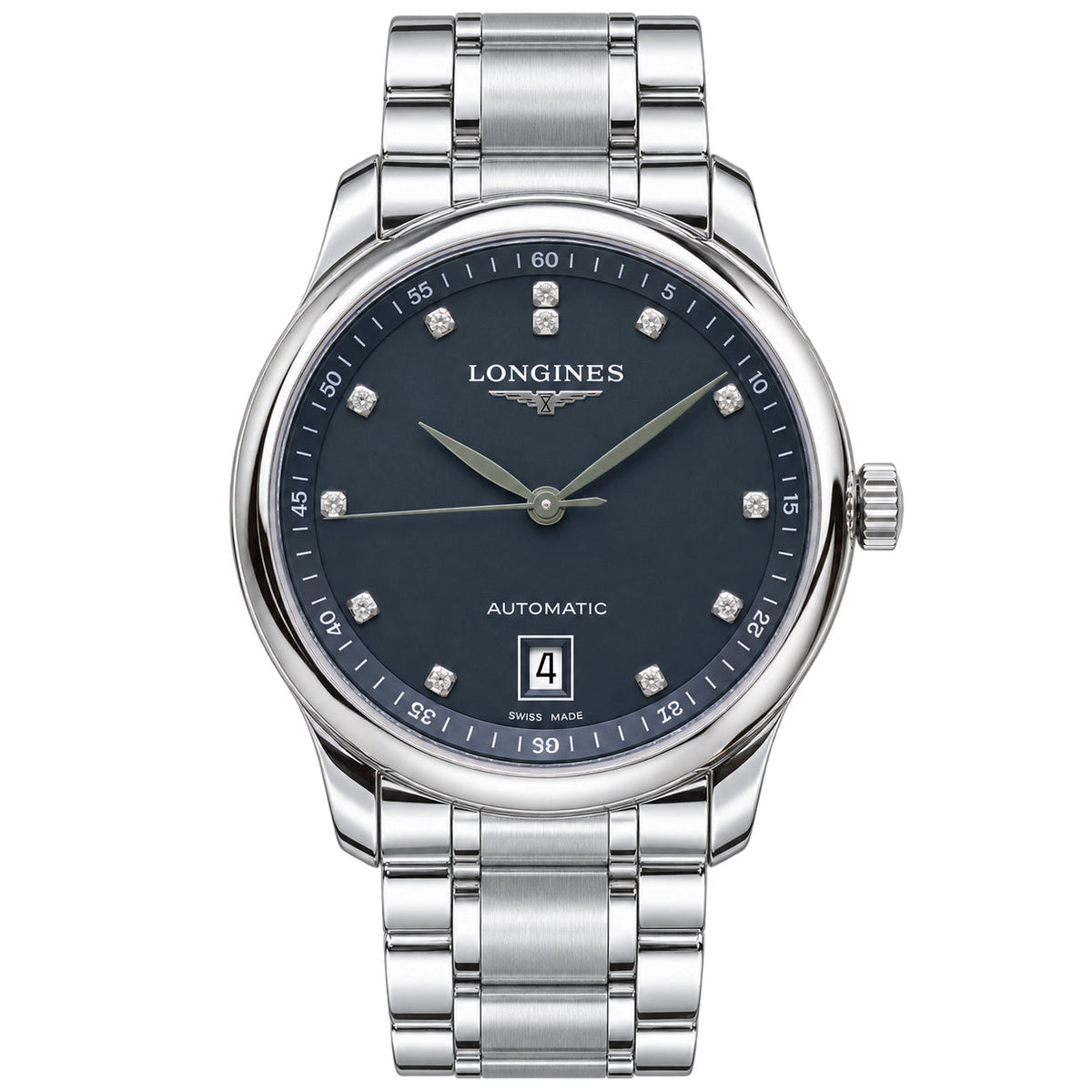 Longines Master Collection Grey Diamond Dial Date Steel Bracelet Watch