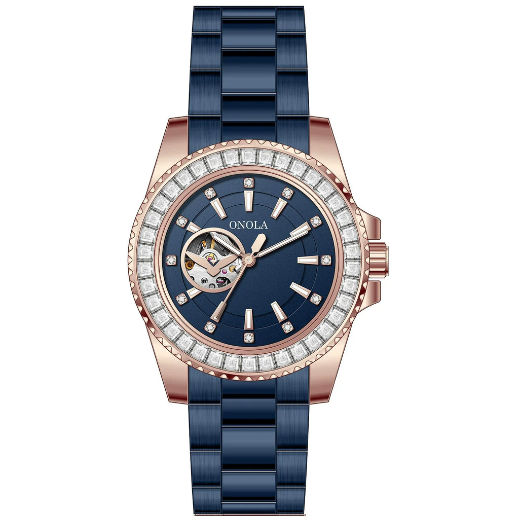 ONOLA Automatic — Steel, Green Baguette Crystal Bezel, Green Skeleton Dial & Steel Bracelet, Men